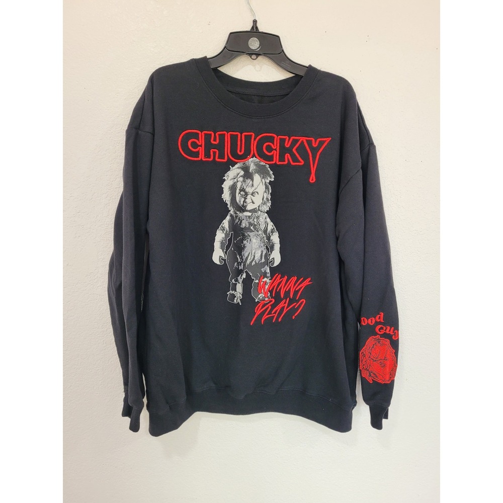 Chucky Childs Play Horror Movie Graphic Sweatshirt Black Embroidered Mens L #25
